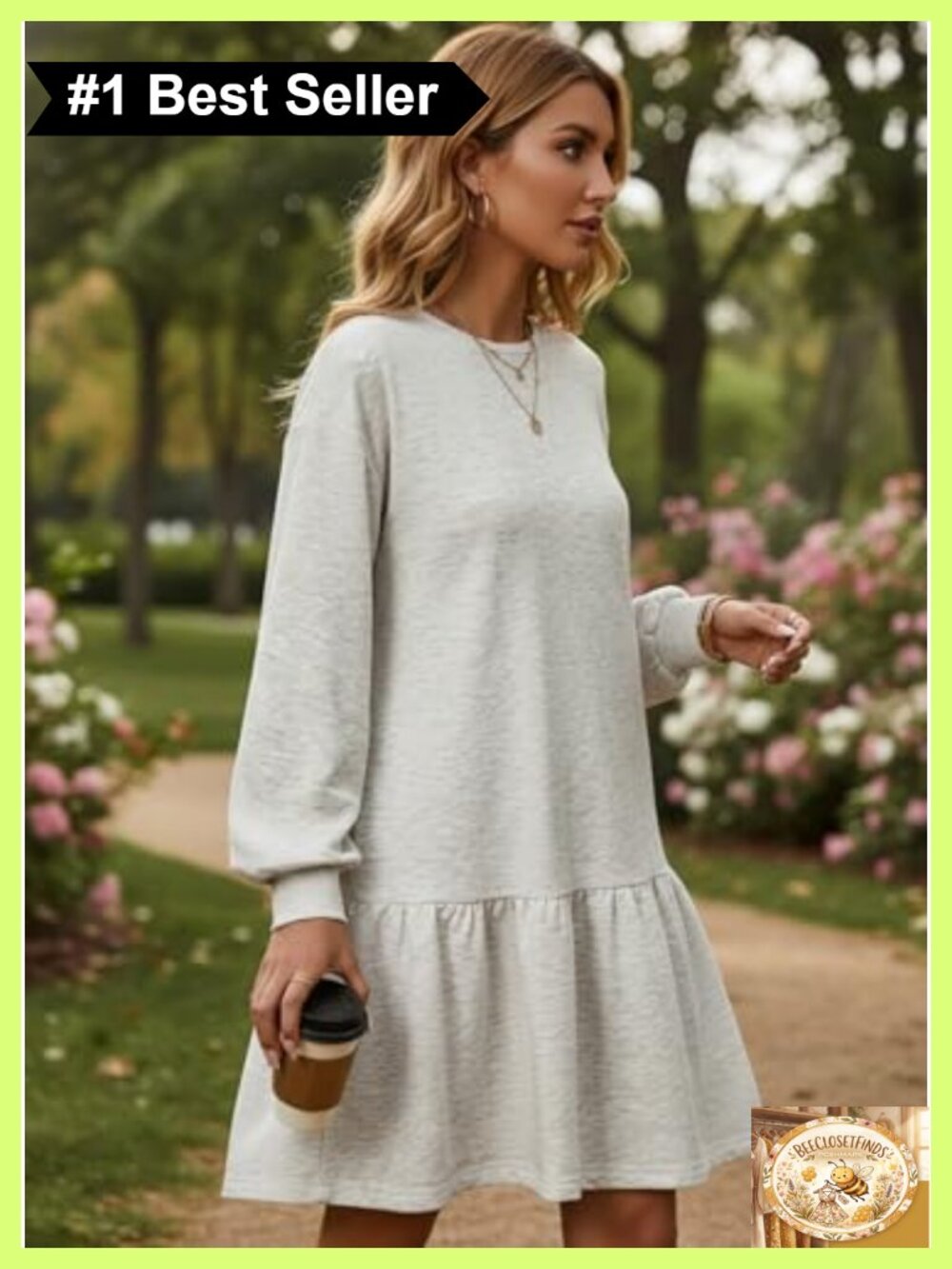 Long Sleeve Ribbed Knit A-Line Mini Dress Ruffle Hem Pullover - Picture 4 of 6
